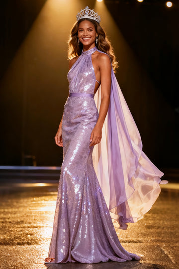 Light Purple Mermaid Halter Sequin Long Pageant Dress with Cape